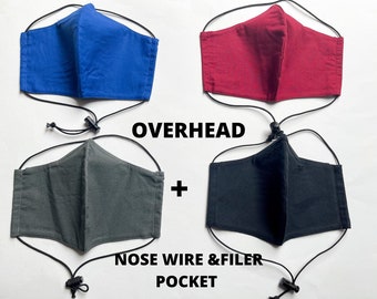 Overhead Face mask with nose wire and filter pocket, hearing aid friendly behind head organic cotton mask,  around head solid color  Mask