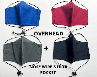 Around the head  face mask with filer pocket,  behind head breathable organic cotton hearing aid friendly face mask with nose wire