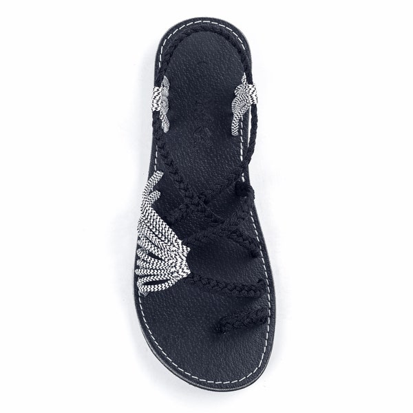 Plaka Palm Leaf Flat Summer Sandals for Women | Perfect for The Beach Walking & for Dressy Occasions | Black Zebra