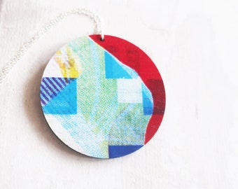 Graphic statement necklace, wooden colourful pendant
