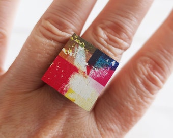 Bague carrée en bois moderne colorée, réglable