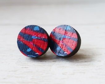 Red and blue round dot stud wooden earrings