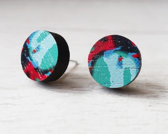 Turquoise Wooden Stud Earrings: Modern Small Contemporary Dots