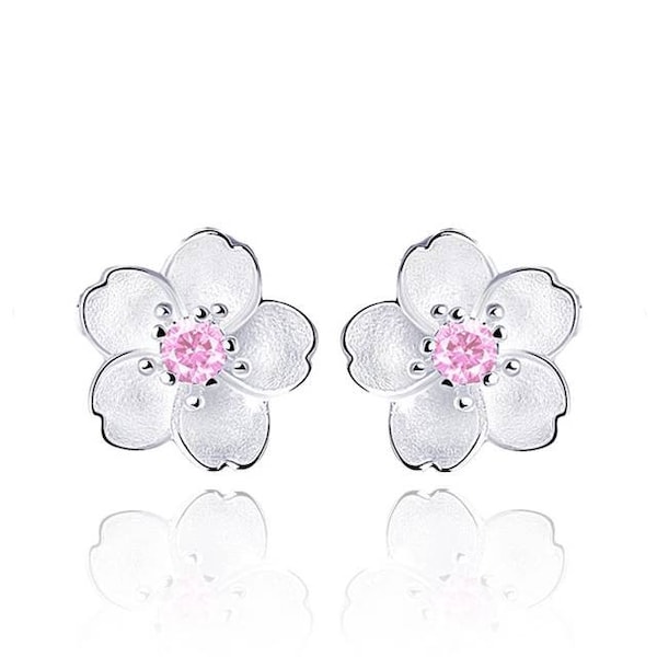 925 Tiny Cherry Blossom Stud Earrings Sterling Silver, Pink Tourmaline October Birthstone