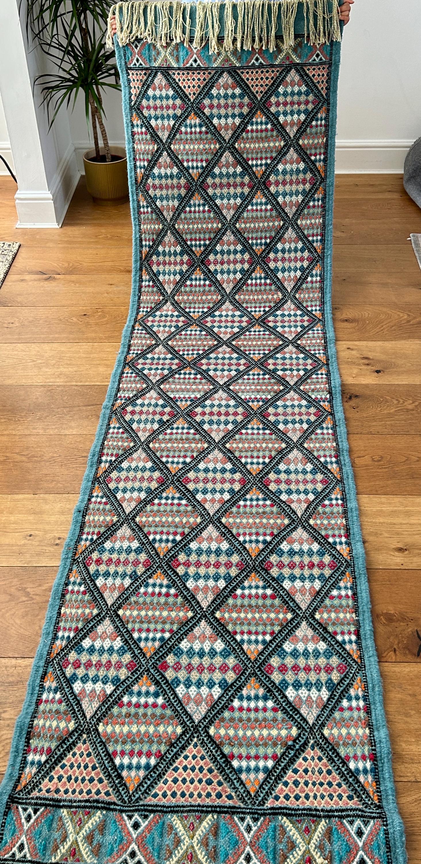 Moroccan Wool Kilim Runner, Handwoven Wool Runner, Bohemian Runner, Tunisian Runner, Blue Cream Runner, Margoum Rug, Berber rug, 303 x 75 cm
