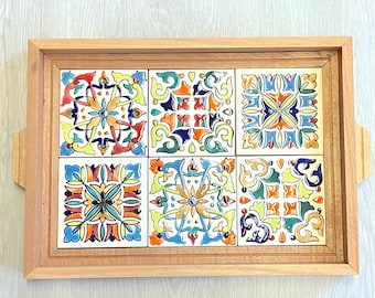 Ceramic Wood Tray, Handmade Tray, Decorative Tray, Moroccan Decor, Boho Decor, Rustic Tray, Kitchen Decor, 34 x 24 x 3 cm