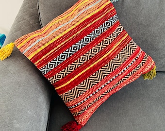 Handwoven Moroccan Kilim Cushion Cover: Red Tribal Pillow with Tassels