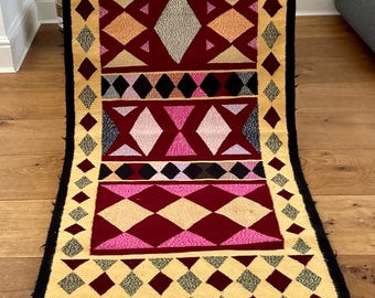 Moroccan Wool Kilim Runner, Handwoven Wool Runner, Yellow Pink Runner, Boho Runner, Tunisian Margoum Runner, Corridor Runner, 71 x 169 cm