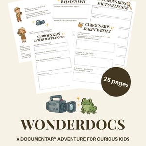 Puede incluir: Un conjunto de hojas de trabajo imprimibles para que los niños creen sus propios documentales. Las hojas de trabajo se titulan "Curious Kids Wonder List", "Curious Kids Fact Collector", "Curious Kids Interview Planner" y "Curious Kids Script Writer". Las hojas de trabajo están ilustradas con una rana, una cámara y un rollo de película.