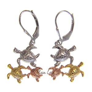 925 Sterling Silver Hawaiian Tricolor Plated Turtle Honu Leverback Earrings