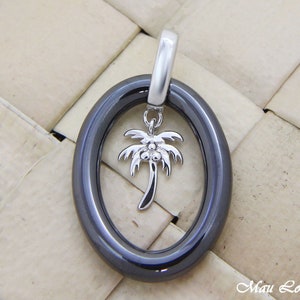 925 Sterling Silver Rhodium Hawaiian Palm Tree Black Ceramic Oval Pendant