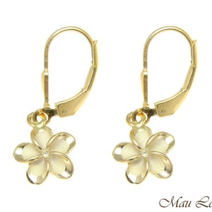 925 Silver Yellow Gold Hawaiian Plumeria Flower No CZ Stone Leverback Earrings