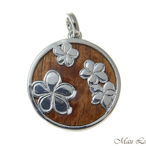 Koa Wood Hawaiian Scroll Plumeria Flower Circle Rhodium Brass Reversible Pendant