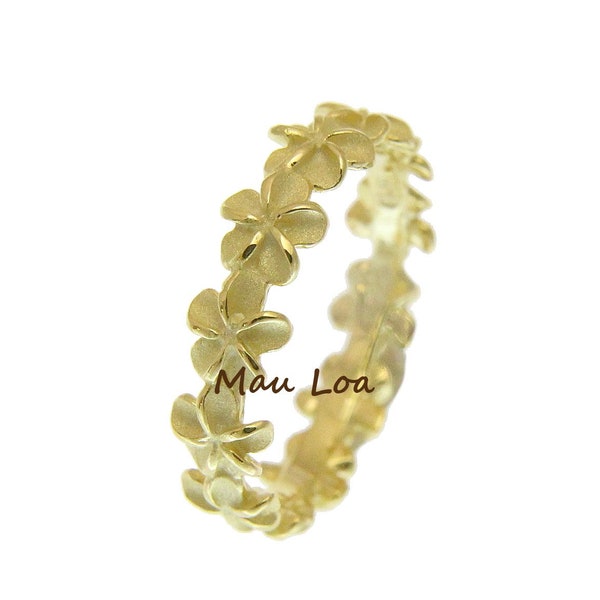 925 Sterling Silver Yellow Gold Plated Hawaiian Plumeria Flower Lei Ring #3-10