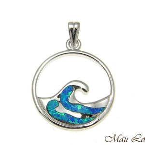 925 Sterling Silver Rhodium Hawaiian 20mm Ocean Wave Blue Opal Pendant Charm