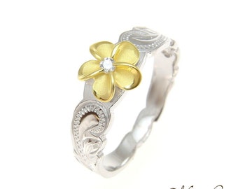 925 Sterlng Slver Hawaan Scroll Yellow Gold CZ Plumera Flower Rng