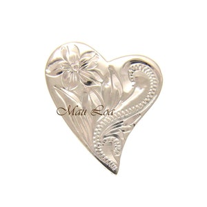 925 Sterling Silver Hawaiian Engraved Plumeria Flower Scroll Heart Pendant