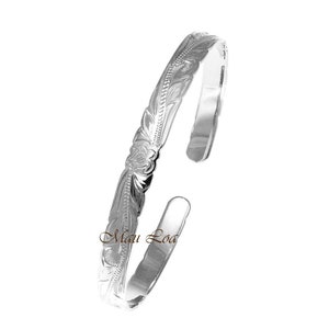 925 Sterling Silver Hawaiian Scroll Honu Turtle Open Cuff 6mm Bangle