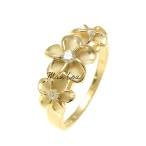 925 Sterling Silver Hawaiian Scroll Yellow Gold Plated CZ 3 Plumeria Flower Ring #3-10