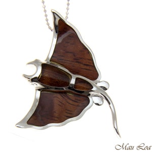 Koa Legno Hawaiano Manta Ray Fish Rhodium Argento Placcato Ottone Slide Pendente