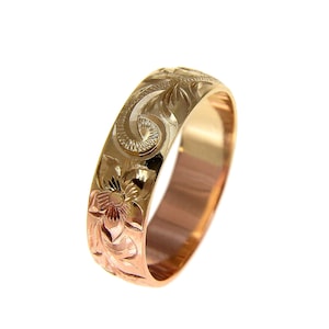 14k yellow rose gold 2 tone custom hand engraved Hawaiian scroll maile 6mm ring size 2 to 14