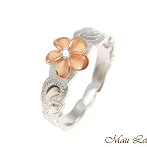 925 Silver Rhodium Hawaiian Scroll Pink Rose Gold CZ Plumeria Flower Ring #1-10