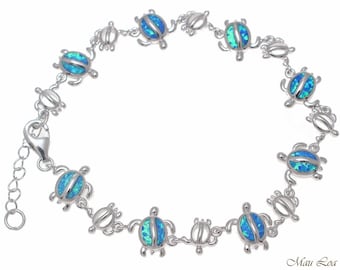 925 Sterling Silver Rhodium Hawaiian Sea Turtle Honu Blue Opal Bracelet 7"+