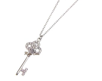 925 Sterling Silver Key Clear CZ Cubic Zirconia Necklace