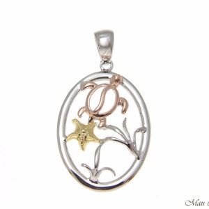 925 Sterling Silver Tricolor Hawaiian Honu Turtle Starfish in Oval Pendant