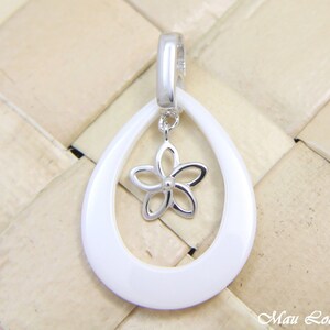 925 Silver Rhodium Hawaiian Plumeria Flower White Ceramic Tear Drop Pendant