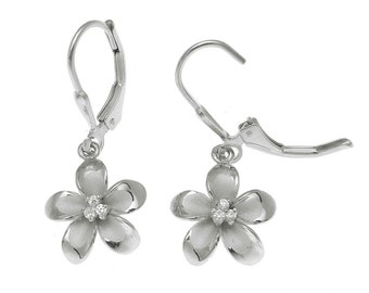 May include: Sterling silver flower earrings with three small diamonds in the centre of each flower. The earrings have a leverback fastening.