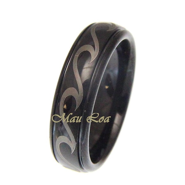 Tungsten Black 6mm Hawaiian Ocean Wave Ring Comfort Fit Size 5-14