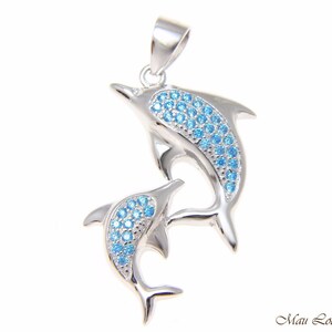 925 Sterling Silver Genuine Blue Topaz Hawaiian Double Dolphin Pendant