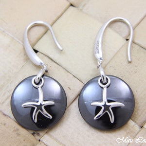 925 Silver Rhodium Hawaiian Starfish Sea Star Black Ceramic Circle Hook Earrings