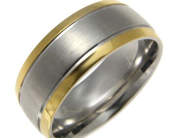 Stainless Steel Ring Wedding Band 8mm Yellow Gold Line Silver Color Size 5-13