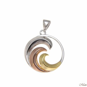 925 Sterling Silver Tricolor Yellow Pink Rho. Hawaiian 17mm Ocean Wave Pendant