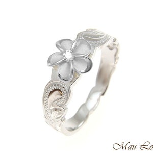 925 Sterling Silver Hawaiian Scroll Rhodium CZ Plumeria Flower Ring Size 1-10