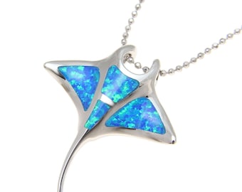 925 Silver Rhodium Plated Hawaiian Manta Ray Fish Blue Opal Slider Pendant