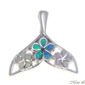 925 Silver Rhodium Hawaiian Multi Opal Plumeria Flower Whale Tail Slider Pendant
