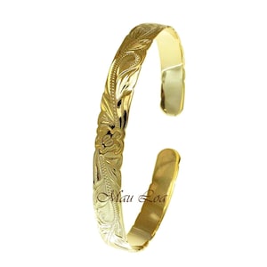 925 Silver Yellow Gold Plated Hawaiian Scroll Honu Turtle Open Cuff 8mm Bangle