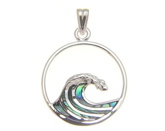 925 Sterling Silver Hawaiian Ocean Wave 20mm Circle Abalone Paua Shell Pendant
