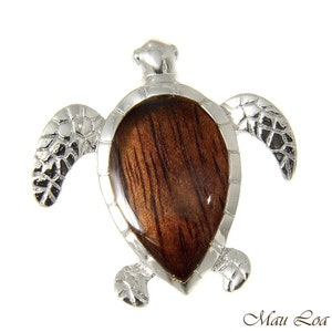 Koa Wood Hawaiian Honu Sea Turtle Rhodium Silver Plated Brass Slide Pendant