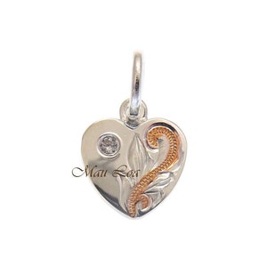 925 Silver Rose Gold 2T Hawaiian Plumeria Scroll Double Sided Heart CZ Pendant