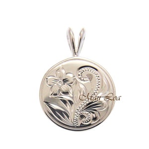 925 Sterling Silver Hawaiian Engraved Plumeria Flower Scroll Circle Pendant