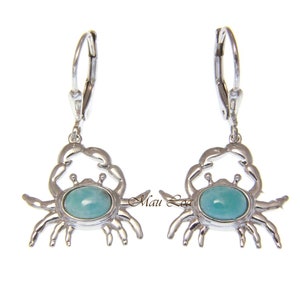 925 Sterling Silver Hawaiian Crab Natural Blue Larimar Leverback Earrings