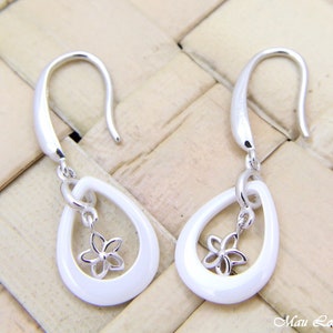 925 Silver Rhodium Hawaiian Plumeria Flower White Ceramic Tear Drop Earrings