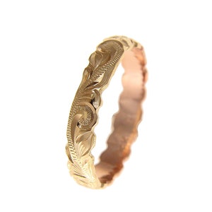 14k yellow rose gold 2 tone custom hand engraved Hawaiian scroll maile ring cut out 4mm Size 2-14