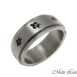 Stainless Steel Spinner Ring Band 8mm Black Enamel Hawaiian Honu Turtle Sz#6-14