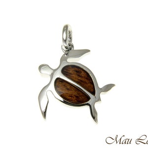 Koa Wood Hawaiian Honu Sea Turtle Rhodium Silver Plated Brass Pendant Small