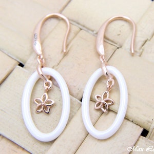 925 Silver Pink Rose Gold Hawaiian Plumeria Flower White Ceramic Oval Earrings